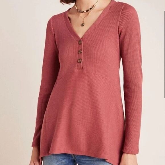 Anthropologie Tops - Anthropologie Maeve Eliza Thermal Knit Henley Pink
